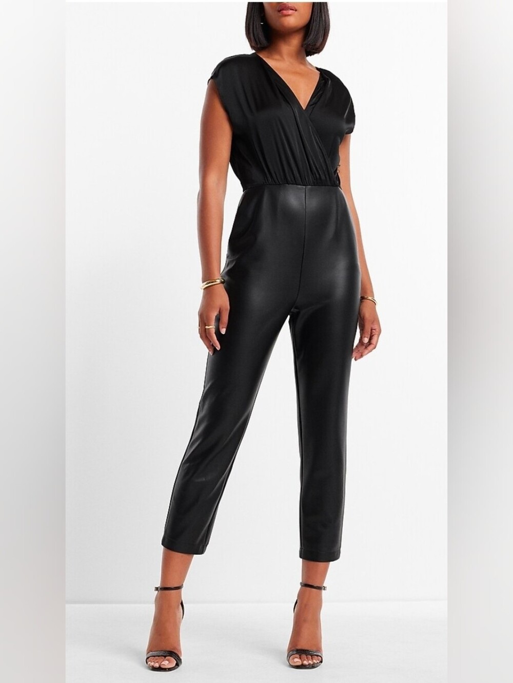 Express Black Faux-Leather Jumpsuit with V-Neck Size Small NWT